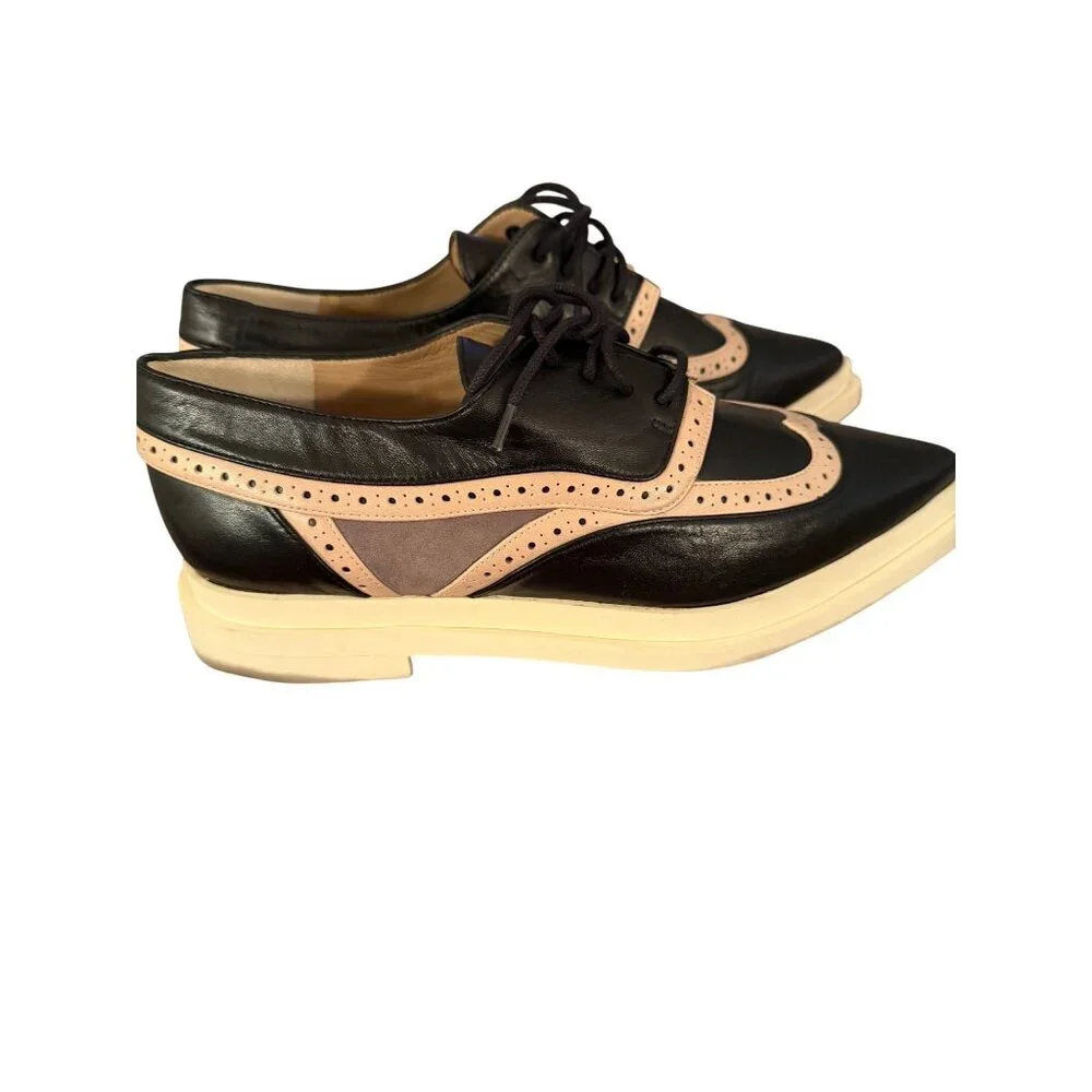 Annaisha Womens Lace-up Shoes Derby Size 38 Black Leather Pointed Toe Spain New